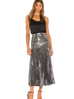 NWT Bardot Gunmetal Sequin Pleated Maxi Skirt Large 10 US Shimmer